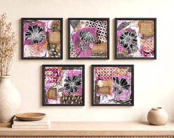 Handmade 6x6 Mixed Media Floral Collage Art, Inspirational Wall Decor
