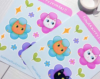 Foglio di adesivi con gattini fioriti / adesivi in vinile opaco con simpatici gatti primaverili
