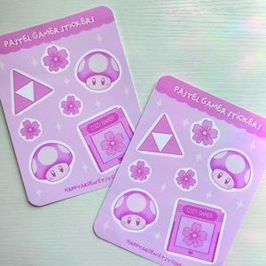 Pastell Gamer Stickerbogen | Kawaii rosa matte Vinyl Aufkleber