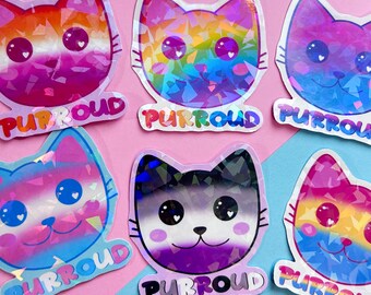 pride cat stickers "purroud" sticker set | queer rainbow vinyl holographic sticker