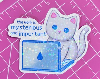severance inspired cat sticker | holographic vinyl laptop decal