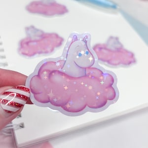 moomin in cloud sticker: pastel pink cartoon holographic vinyl decal