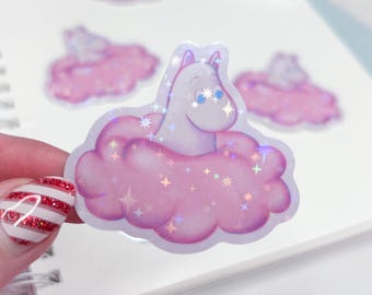 moomin in cloud sticker: pastel pink cartoon holographic vinyl decal
