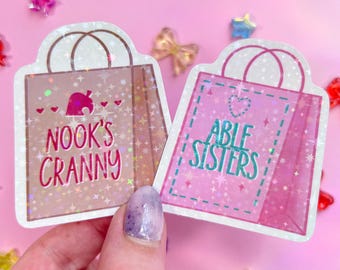ACNH inspired shopping bag stickers | holographic vinyl gamer decals | nooks cranny and able sisters