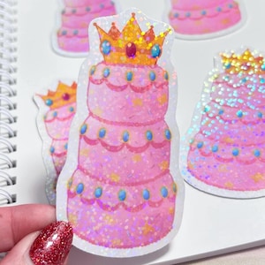 Prinzessin Peach Kuchen Aufkleber | Mario inspirierter süßer glitzernder holografischer Vinyl Gamer Aufkleber