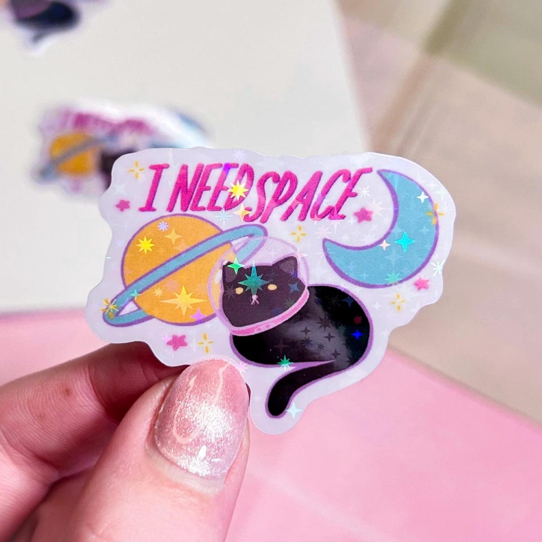 Black Cat 'i Need Space' | Holographic Vinyl Sticker - Etsy