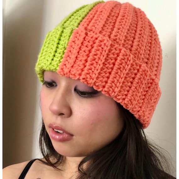 Neon Green and Salmon Beanie