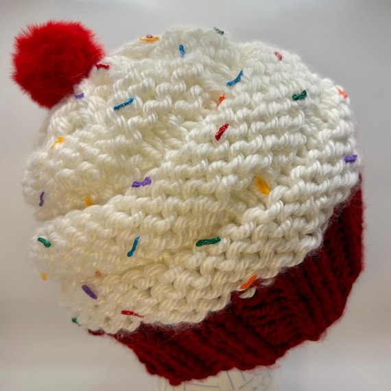 Red Velvet Cupcake Beanie with Sprinkles - OOAK - Adult Size