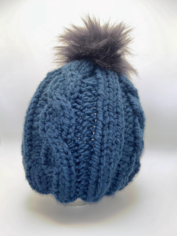 Blue Cable Beanie with Pom Pom Adult