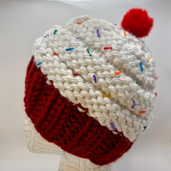 Red Velvet Cupcake Beanie with Sprinkles - OOAK - Adult Size