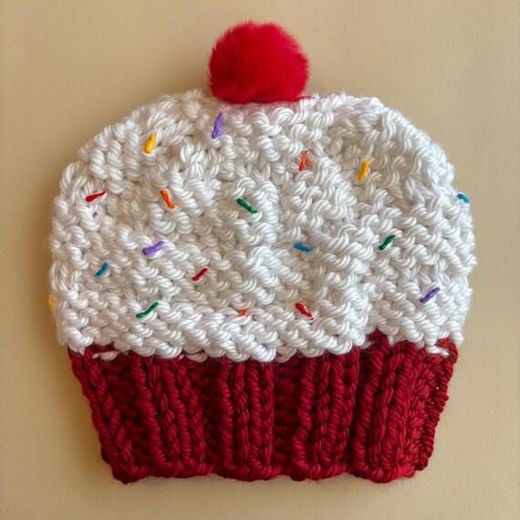 Red Velvet Cupcake Beanie - OOAK - Kid Size