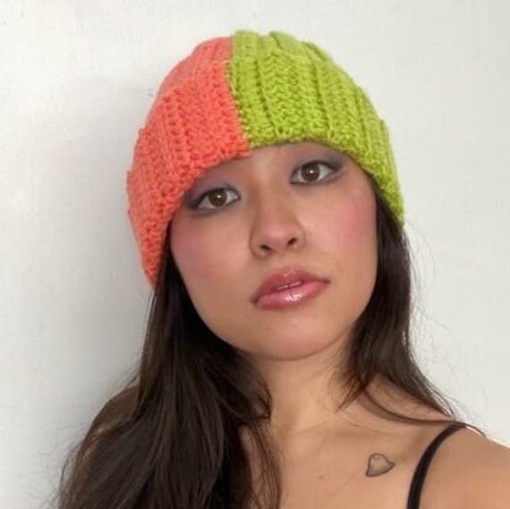 Two Tone Crochet Beanie in Salmon and Lime