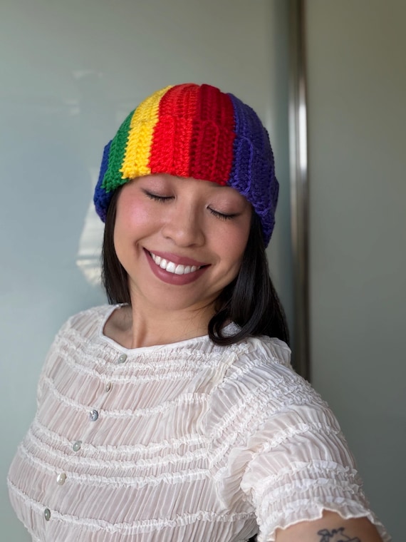 Adult Large Head Purple and Rainbow Beanie
