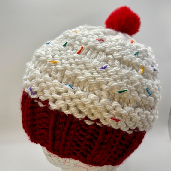 Red Velvet Cupcake Beanie - OOAK - Kid Size