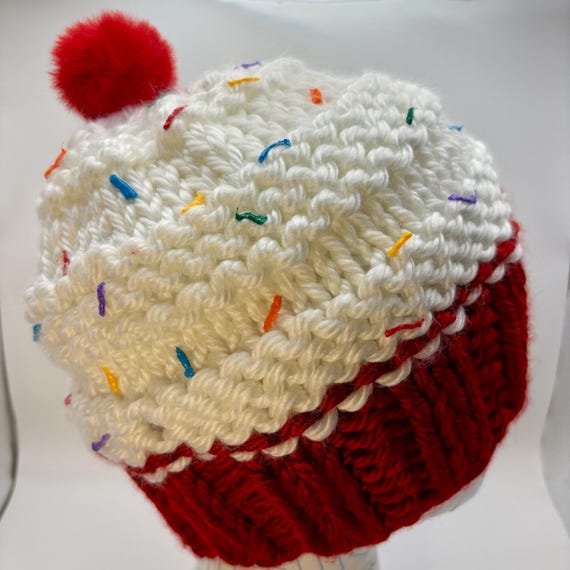 Red Velvet Cupcake Beanie - OOAK - Adult Size