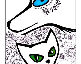 Cat and Collie Dog Illustration, DIY Downloadable Art, Animal themed print your own nursery art of oil pastel and ink illustration