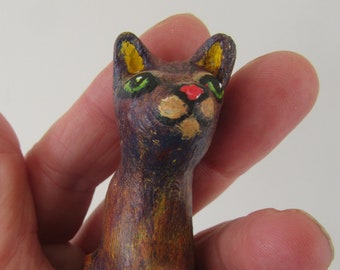 Miniature Sculpture Collectable Animal Figurine, Folk Art Burmese Oriental Shorthair Cat, Unique One-of-a-Kind Hand-sculpted Home Decor