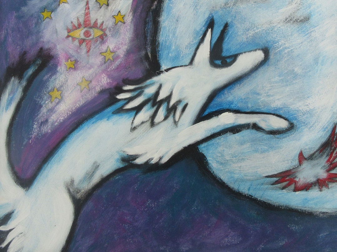 White Winter Wolf Expressionist Art, Outsider Art, Primitive Painting