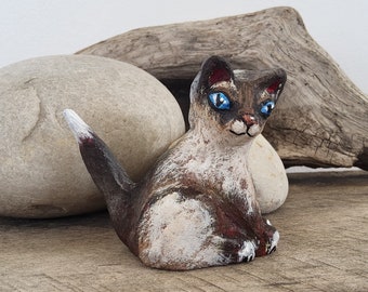 Miniature Art Animal Figurine, Tiny Cat Sculpture, Siamese Kitten, Cottage Country Style Decor for Curio Cabinet Original Art Collector
