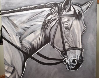 Minimalistic Art, Large Canvas, Horse Art, horse painting, gray, silver, grey horse, equine art, metallic horse, monotone, grayscale