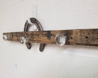 Horse bridle hanger, horse tack, rustic wood bridle hooks, 3 hook hanger made from whiskey barrel stave, engraved horses, bridle rack