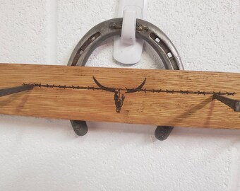 Rustic Bridle hanger/ Western horse tack/  bull skull tack hanger/ engraved horse rack / horse bridle holder/ rustic hanger/ farmhouse decor