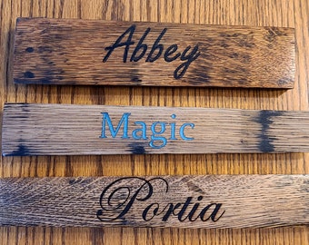 Engraved stall sign or name plate made with a whiskey barrel stave, rustic hardwood with lots of character, sanded, varnish & personalized