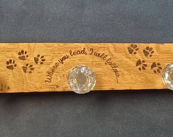 Engraved dog leash hanger, dog accessories, custom dog, leash hanger, whiskey stave hanger