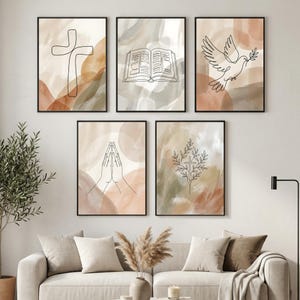 Minimalistische christelijke muurkunst set van 5 – Boho lijntekeningen kruis, biddende handen, Heilige Geestduif | Digitale download voor woondecoraties