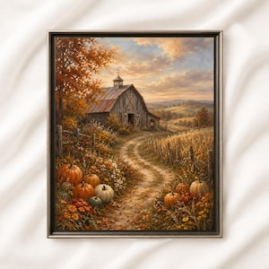 Pode incluir: Uma pintura de paisagem emoldurada retratando um celeiro de madeira rústico no final de um caminho de terra. A cena apresenta abóboras laranja e flores de outono em primeiro plano, cercadas por campos dourados sob um céu de pôr do sol.