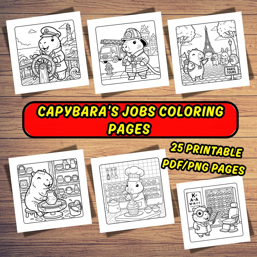 Capybara Jobs Coloring Pages, Cute Capybara Coloring Book PDF PNG ...