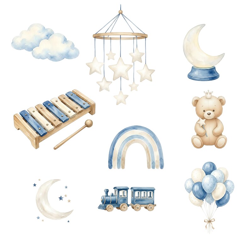 Teddy Bear Clipart Bundle, Baby Boy Nursery Clipart, Blue Watercolor ...