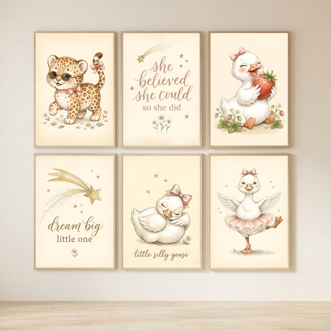 Silly Goose Nursery Print Set of 6, Baby Girl Wall Art, Nursery ...