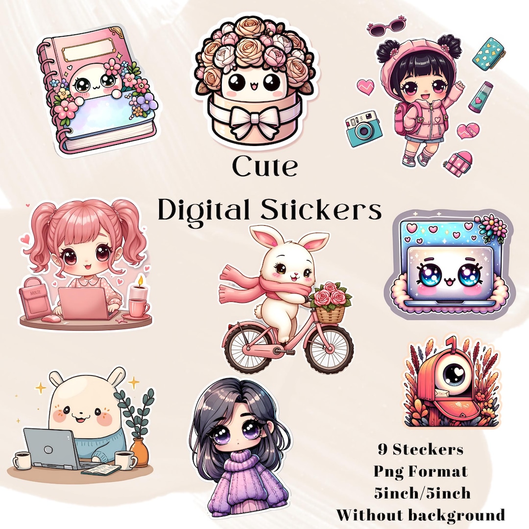Kawaii Digital Stickers – 9 Cute Pngs, 5x5 Inch, No Background ...