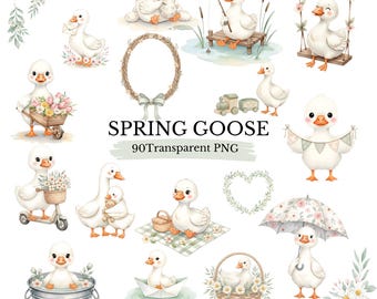 Spring Goose Watercolor Clipart PNG White Gosling Clipart Bundle, Sage ...