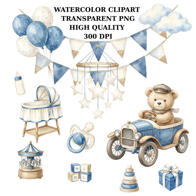 Teddy Bear Clipart Bundle, Baby Boy Nursery Clipart, Blue Watercolor ...
