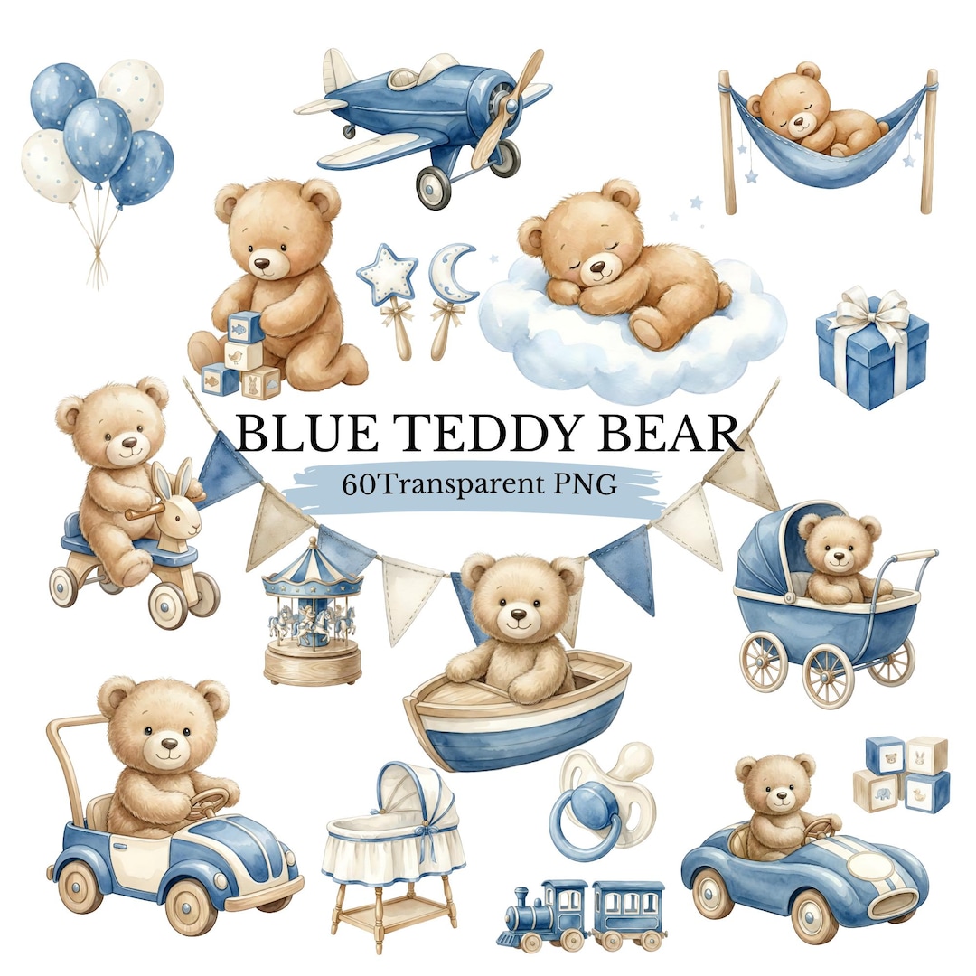 Teddy Bear Clipart Bundle, Baby Boy Nursery Clipart, Blue Watercolor ...