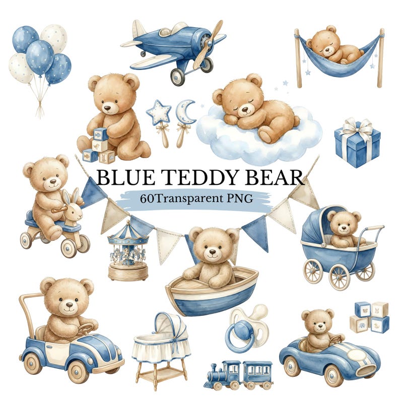Teddy Bear Clipart Bundle, Baby Boy Nursery Clipart, Blue Watercolor ...