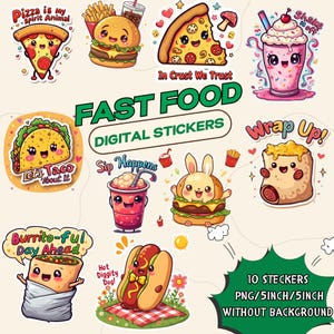 Adorable Fast Food PNG Stickers – 10 Cute & Funny Digital Designs for Planners, Journals, Crafts and Sublimation – Instant Download