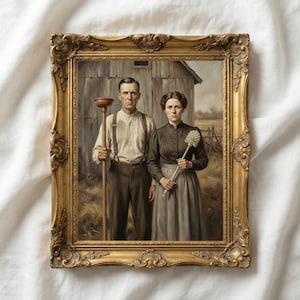 Op de afbeelding: Een ingelijst schilderij met een man en een vrouw voor een schuur. De man houdt een ontstopper vast en de vrouw een toiletborstel. Het schilderij zit in een gouden, sierlijke lijst en het paar is gekleed in vintage kleding.