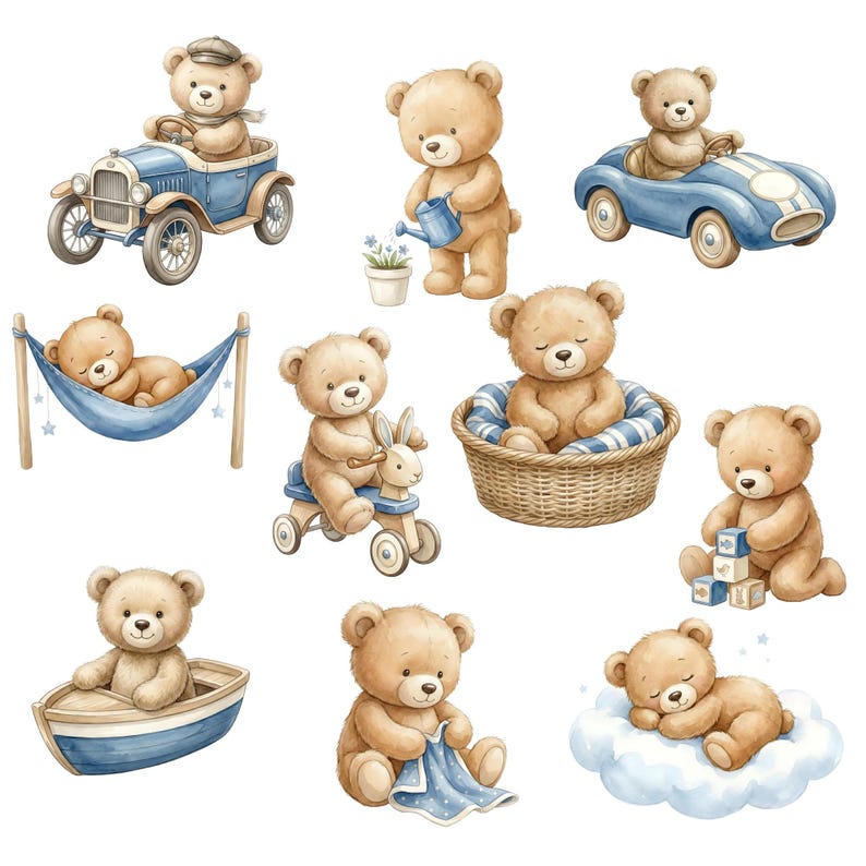 Teddy Bear Clipart Bundle, Baby Boy Nursery Clipart, Blue Watercolor ...