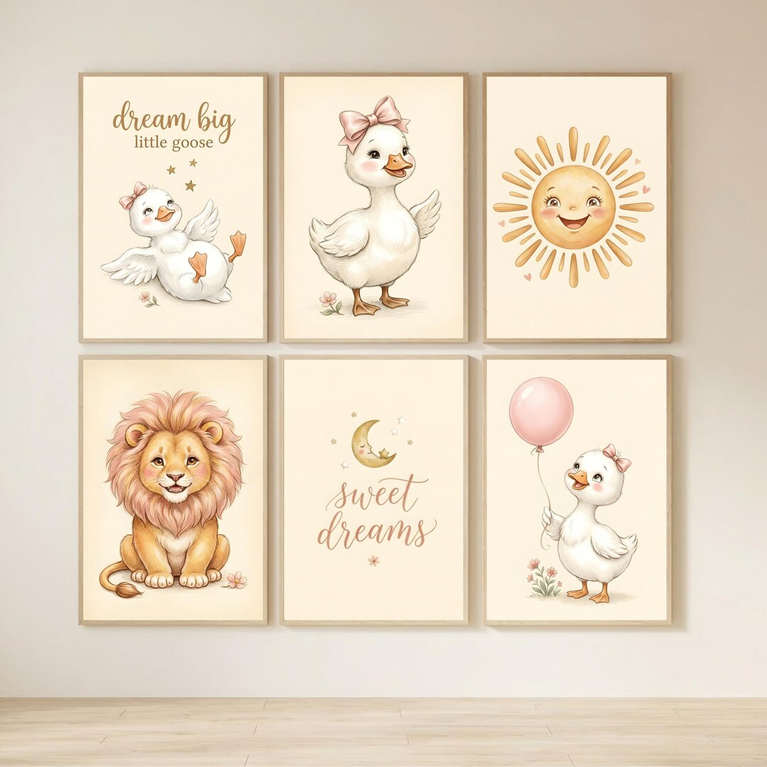 Silly Goose Nursery Print Set of 6, Baby Girl Wall Art, Nursery ...