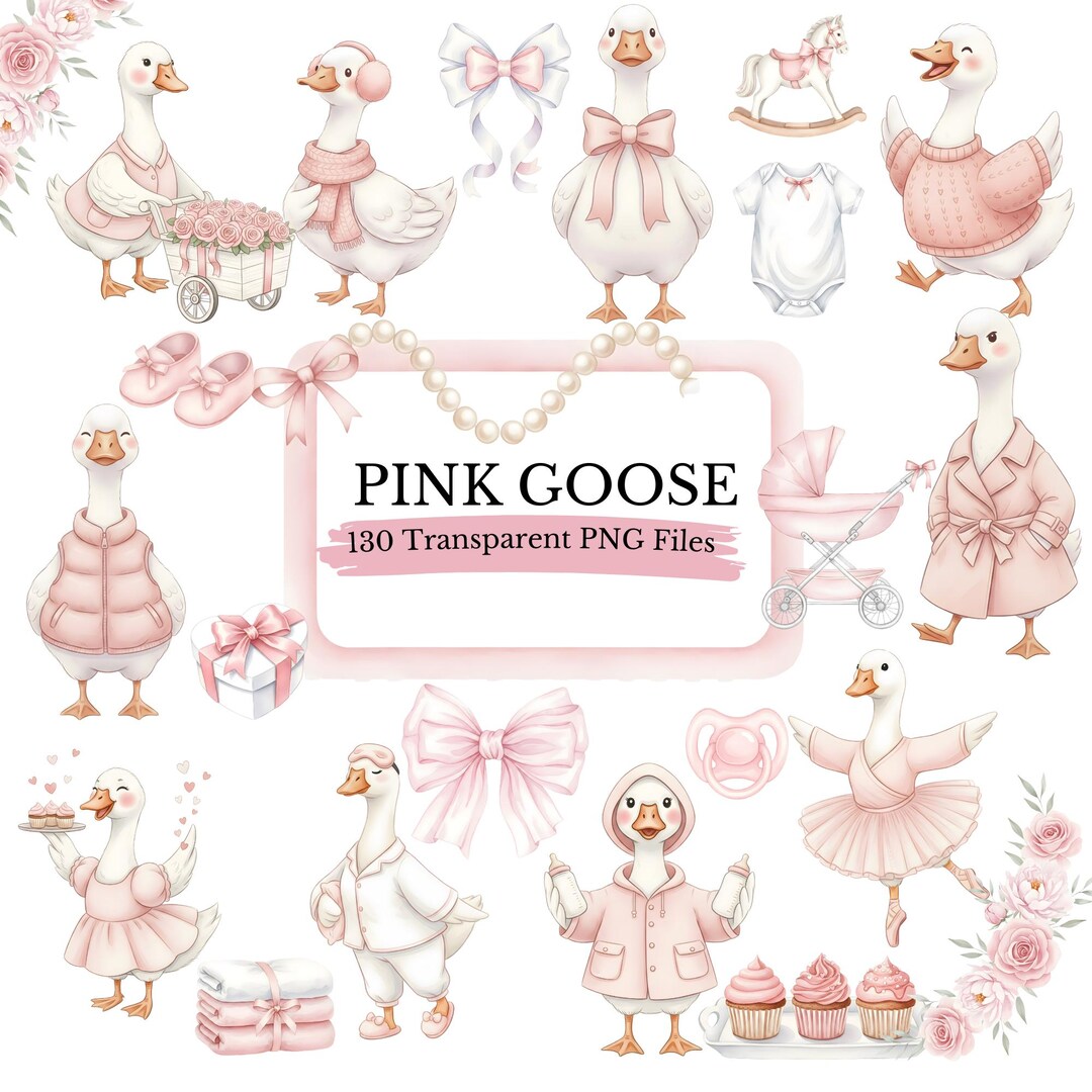 Watercolor Pink Goose Clipart PNG Bundle, Girly Goose Coquette Nursery ...