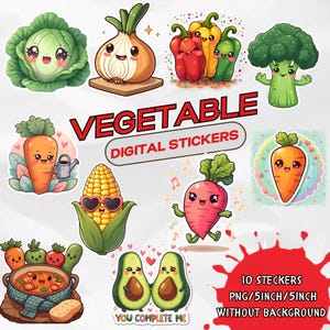 Kawaii Vegetable PNG Stickers: Fun Veggie Clipart (5x5 inches) (Digital Download)
