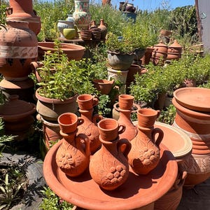 May include: A collection of terracotta pottery, including vases, pots, and decorative pieces, displayed outdoors. The image showcases various sizes and shapes, with some items featuring embossed floral designs. Green plants are interspersed among the pottery.