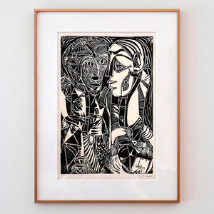 Framed Linocut Print &quot;Man And Woman&quot; – By Steve Fuller