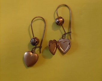 Earrings with Brass Heart Lockets and Vintage Rose Beads -- virtual Yard Sale