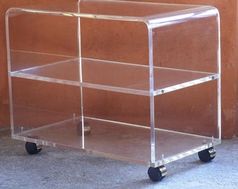 Mueble auxiliar Space Age Francia años 70, Mesa de centro vintage lucite plexiglass, Consola era atómica, Mini Bar, Carro diseño con ruedas