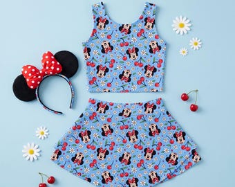 Girls Cherry Mouse Athletic Skort Set | Floral Crop Tank, Built-In Shorts