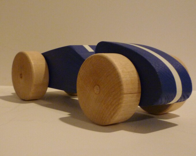 Toy Blue Race Car Handcrafted Wooden Blue Toy Race Car With White Stripe and Natural Wooden ...